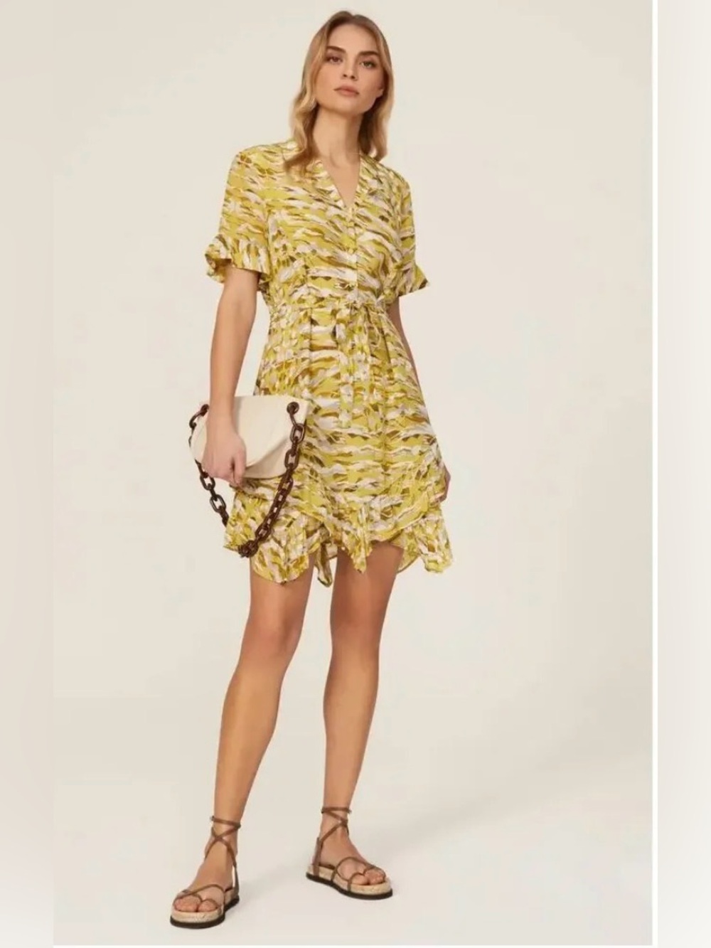 All Saints Yellow Patterned V-Neck Ruffle Mini Dress
